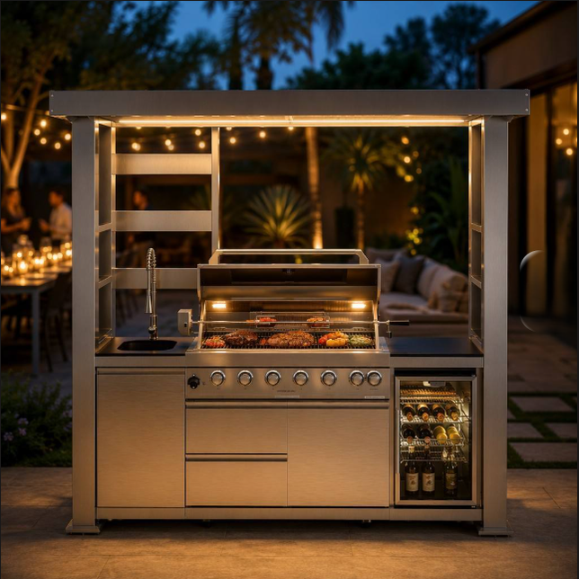 Outdoor Kitchen Island | 94.3 " wide | 6 Burner Stainless Steel | with Sink & Fridge - Outdoor BBQ Kitchen With Top