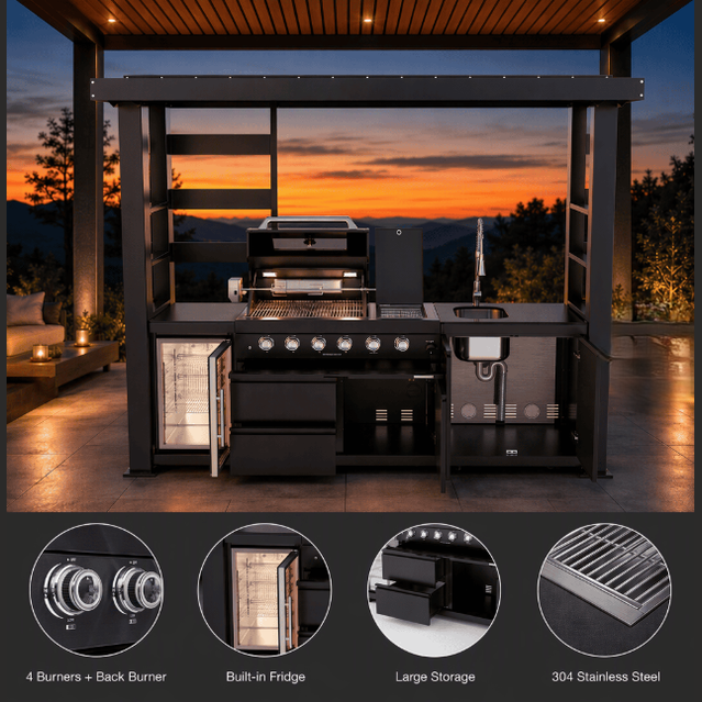 Outdoor Kitchen Island POD | 100.7" Black Stainless Steel | Propane Gas BBQ Grill,l Sink, and Fridge