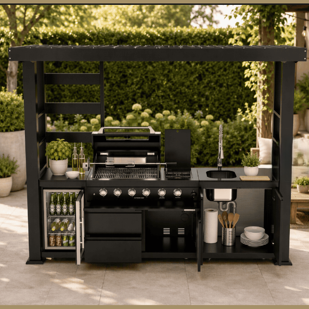Outdoor Kitchen Island POD | 100.7" Black Stainless Steel | Propane Gas BBQ Grill,l Sink, and Fridge