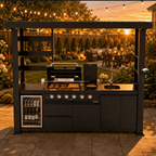 Outdoor Kitchen Island POD | 100.7" Black Stainless Steel | Propane Gas BBQ Grill,l Sink, and Fridge