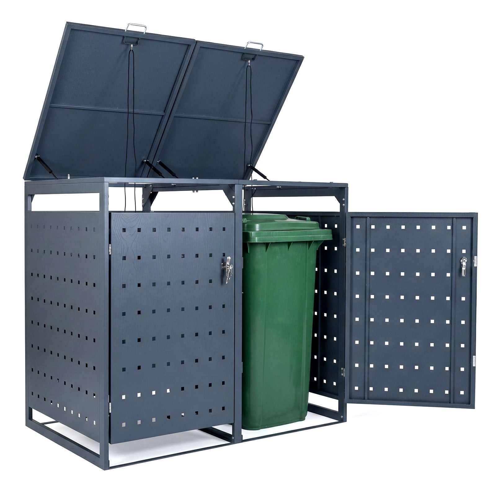 Outdoor Metal Garbage Bin Storage Shed for 2 Trash Cans Double Trash Can Enclosure-Gray