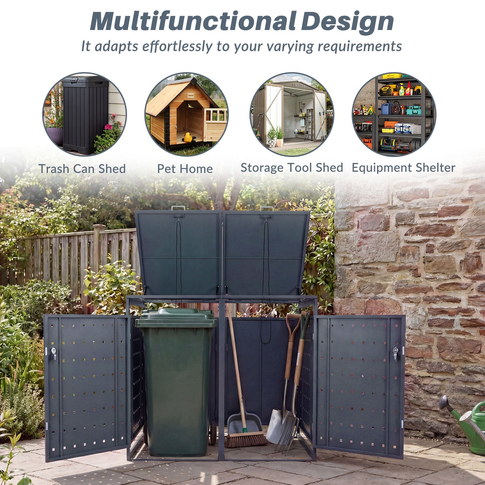 Outdoor Metal Garbage Bin Storage Shed for 2 Trash Cans Double Trash Can Enclosure-Gray