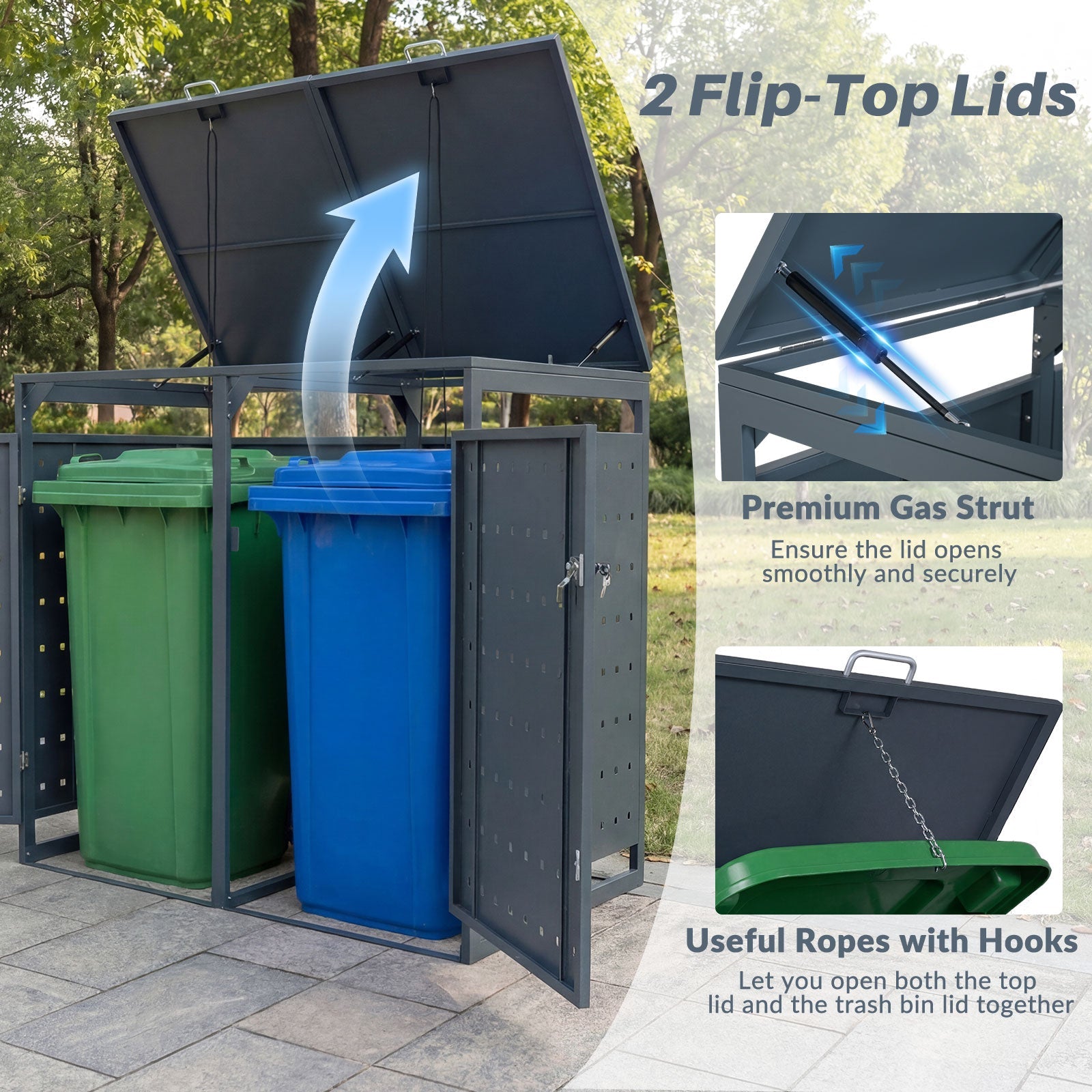 Outdoor Metal Garbage Bin Storage Shed for 2 Trash Cans Double Trash Can Enclosure-Gray