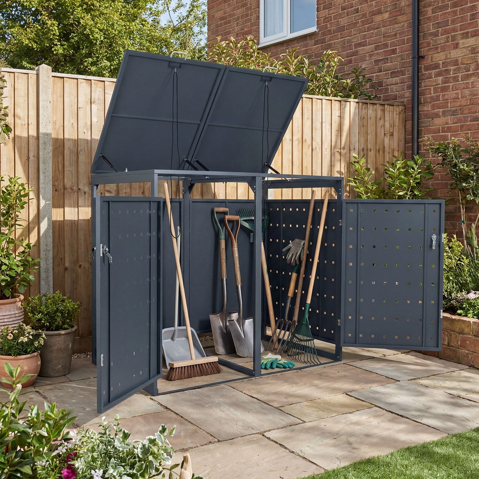 Outdoor Metal Garbage Bin Storage Shed for 2 Trash Cans Double Trash Can Enclosure-Gray