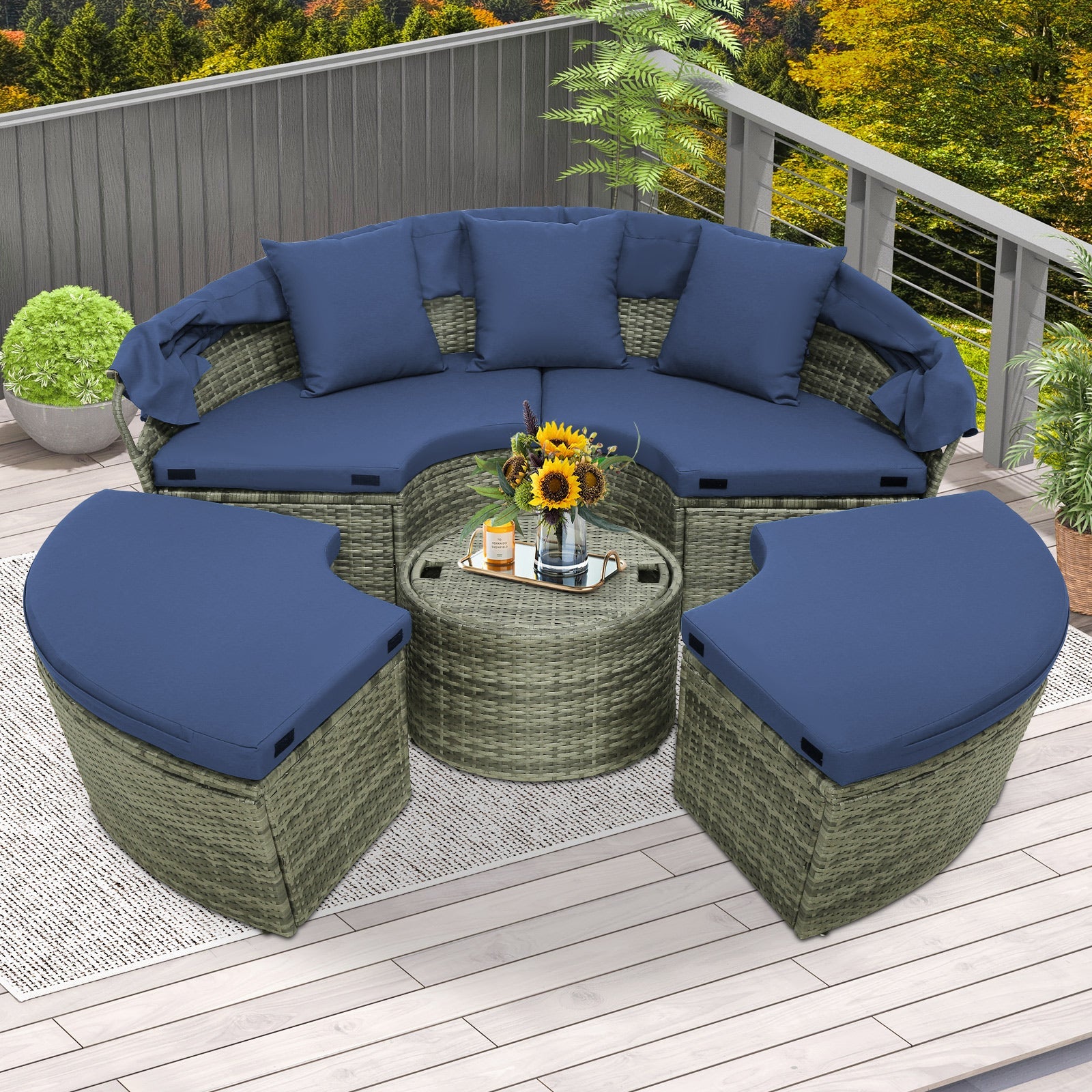 Outdoor Furniture | Outdoor Furniture | Outdoor PE Wicker Round Daybed with Retractable Canopy and Cushions