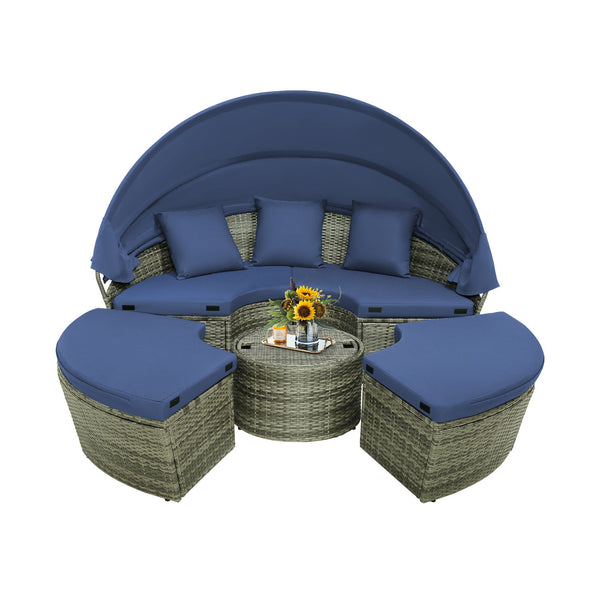 Outdoor Furniture | Outdoor Furniture | Outdoor PE Wicker Round Daybed with Retractable Canopy and Cushions