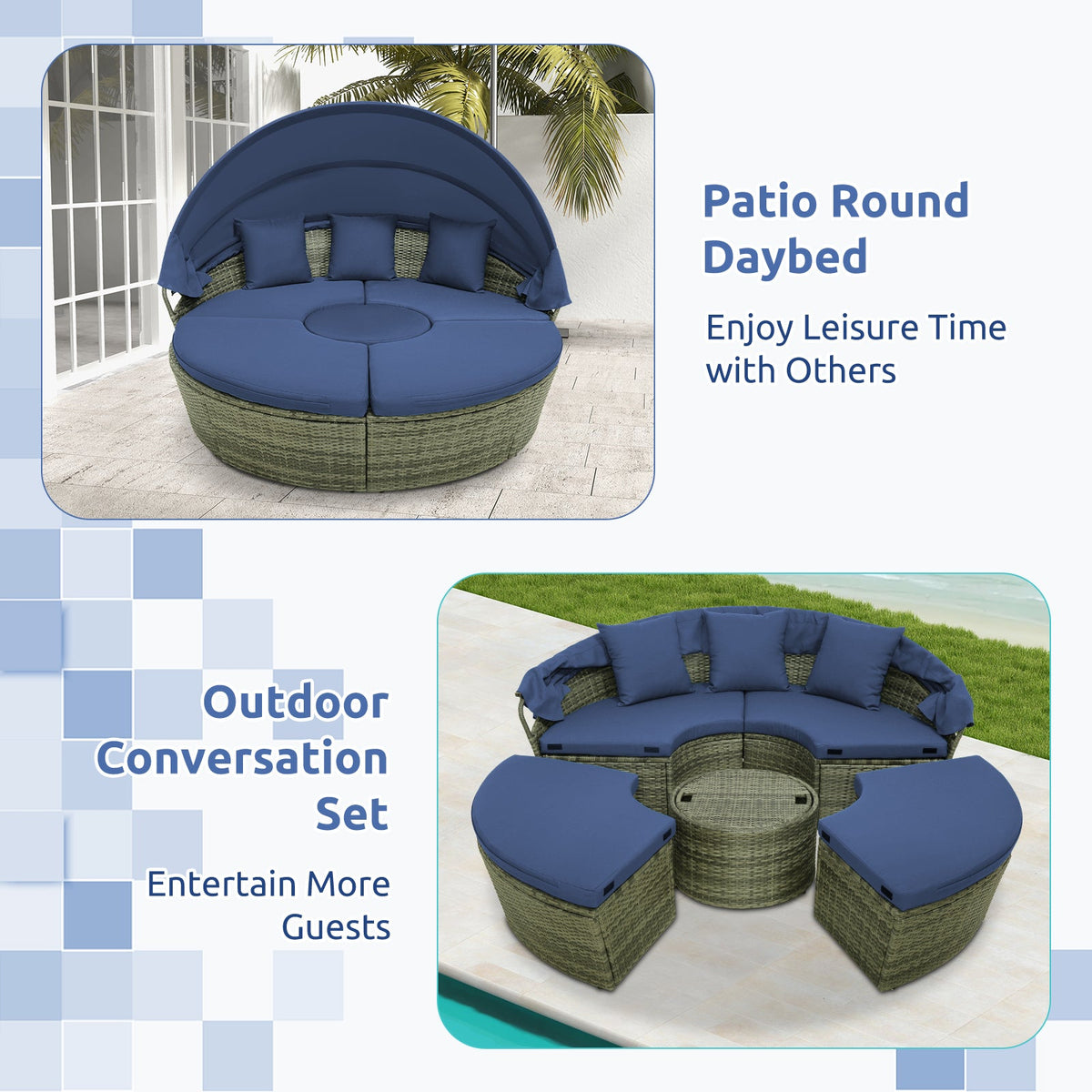 Outdoor Furniture | Outdoor Furniture | Outdoor PE Wicker Round Daybed with Retractable Canopy and Cushions