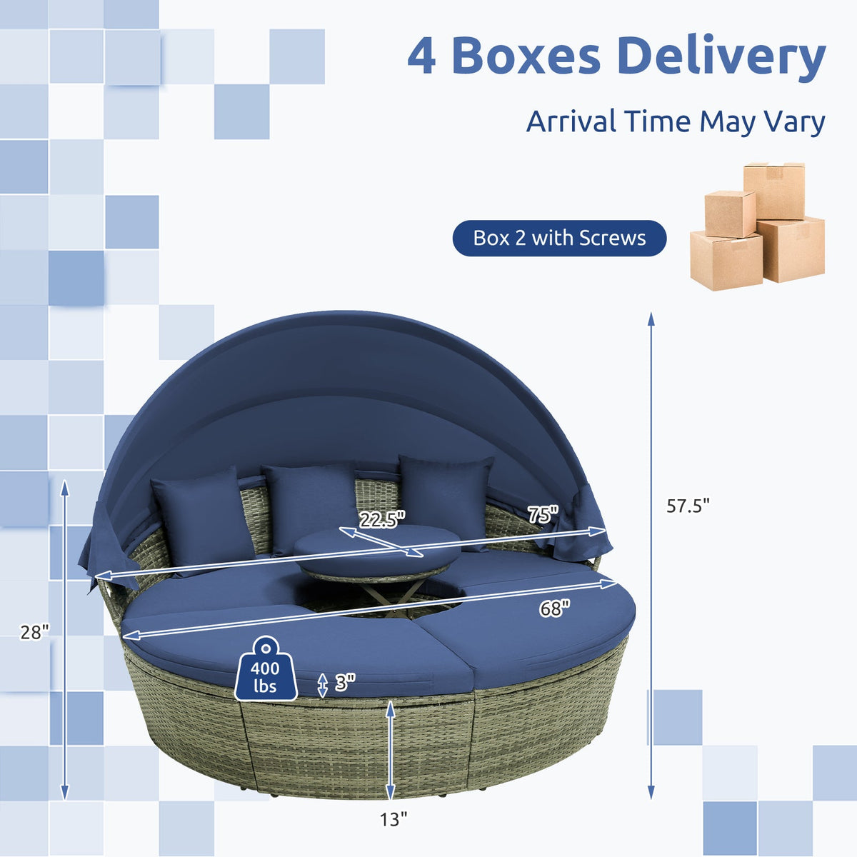 Outdoor Furniture | Outdoor Furniture | Outdoor PE Wicker Round Daybed with Retractable Canopy and Cushions