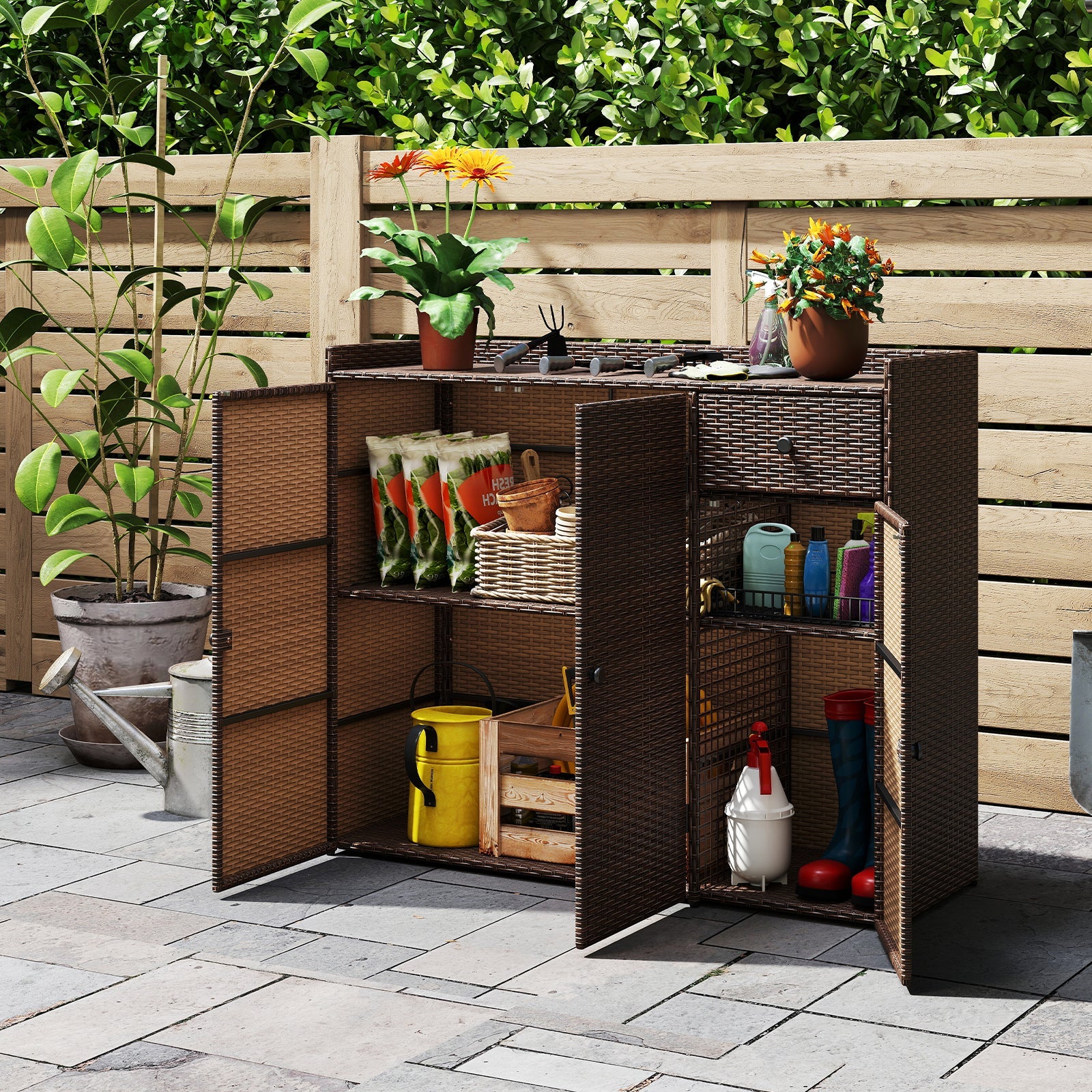 Outdoor Wicker Storage Cabinet with 3 Doors