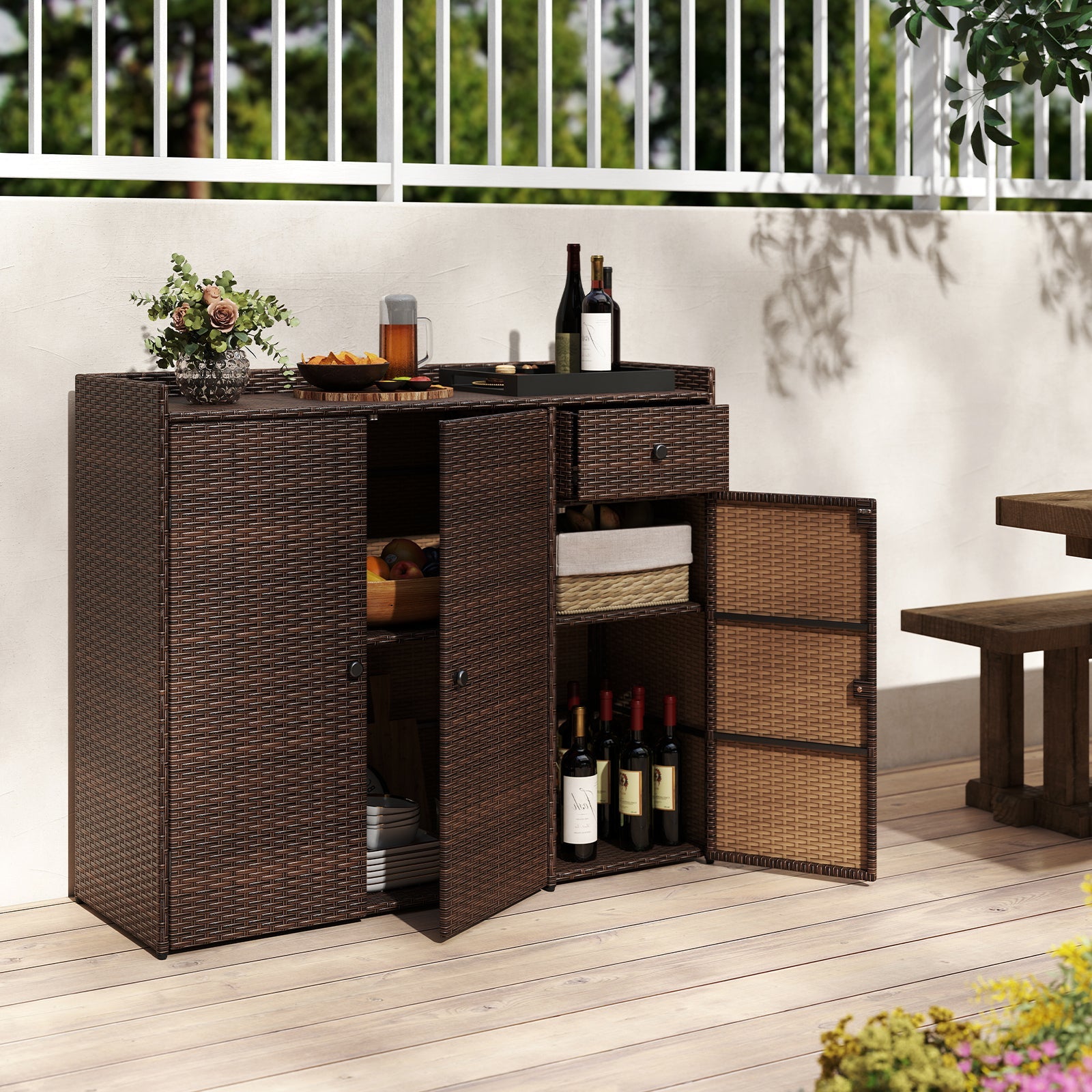 Outdoor Wicker Storage Cabinet with 3 Doors