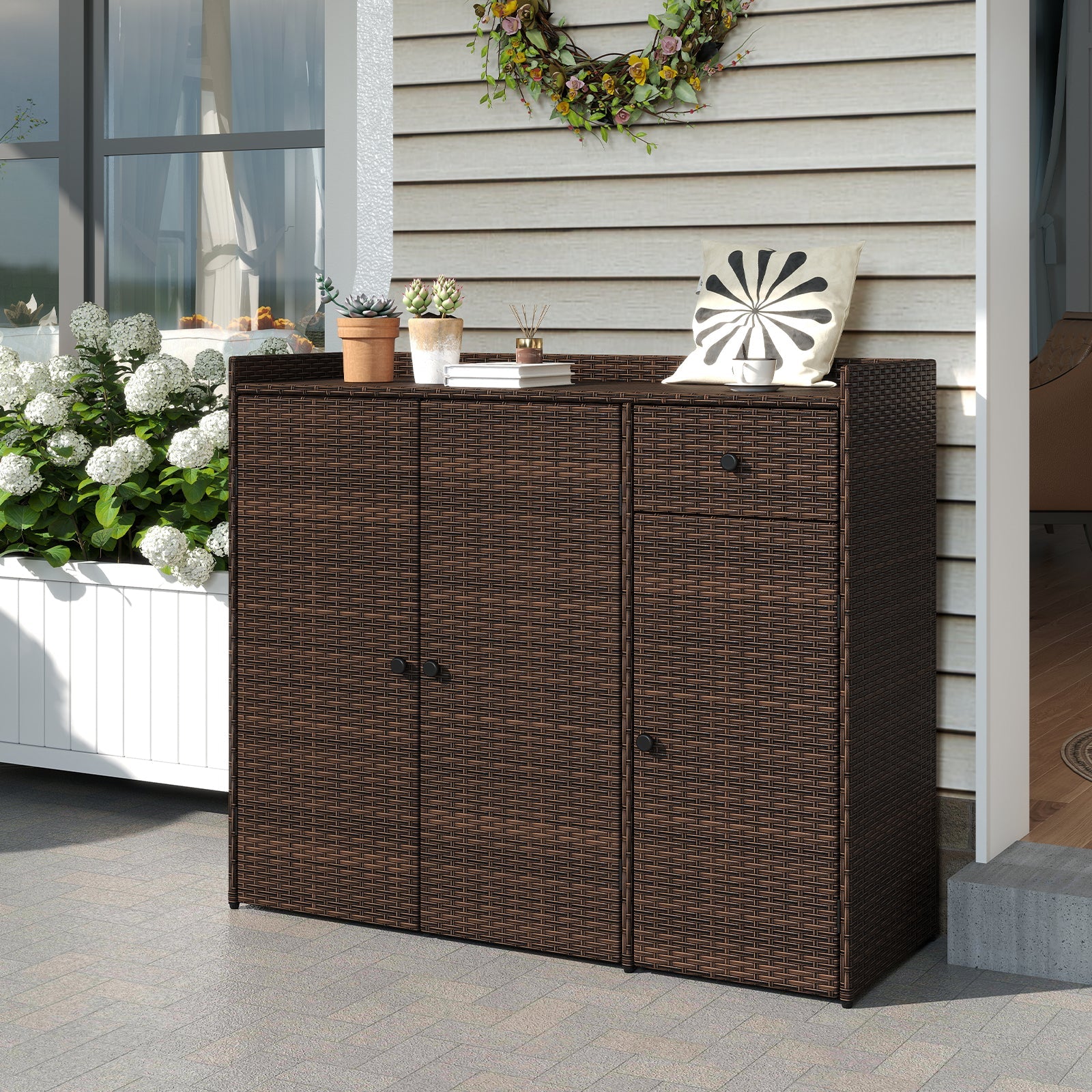 Outdoor Wicker Storage Cabinet with 3 Doors