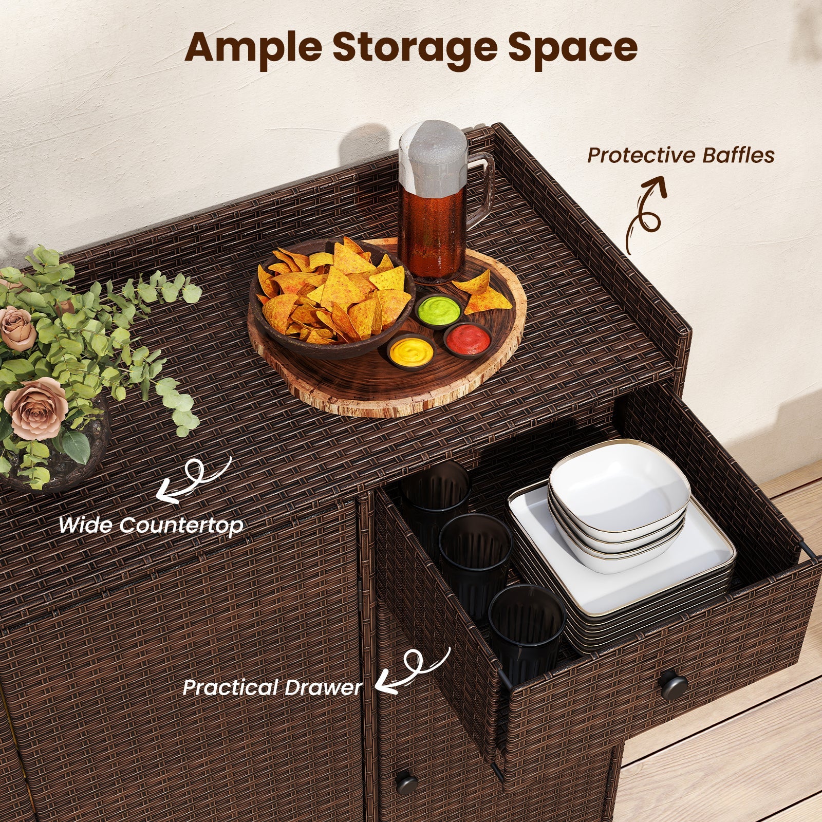 Outdoor Wicker Storage Cabinet with 3 Doors