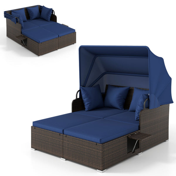 Outdoor Patio Rattan Daybed with Retractable Canopy and Side Tables