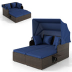 Outdoor Patio Rattan Daybed with Retractable Canopy and Side Tables