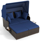 Outdoor Patio Rattan Daybed with Retractable Canopy and Side Tables