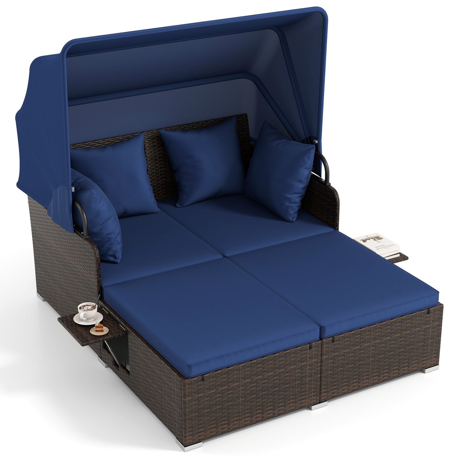 Outdoor Patio Rattan Daybed with Retractable Canopy and Side Tables