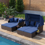 Outdoor Patio Rattan Daybed with Retractable Canopy and Side Tables
