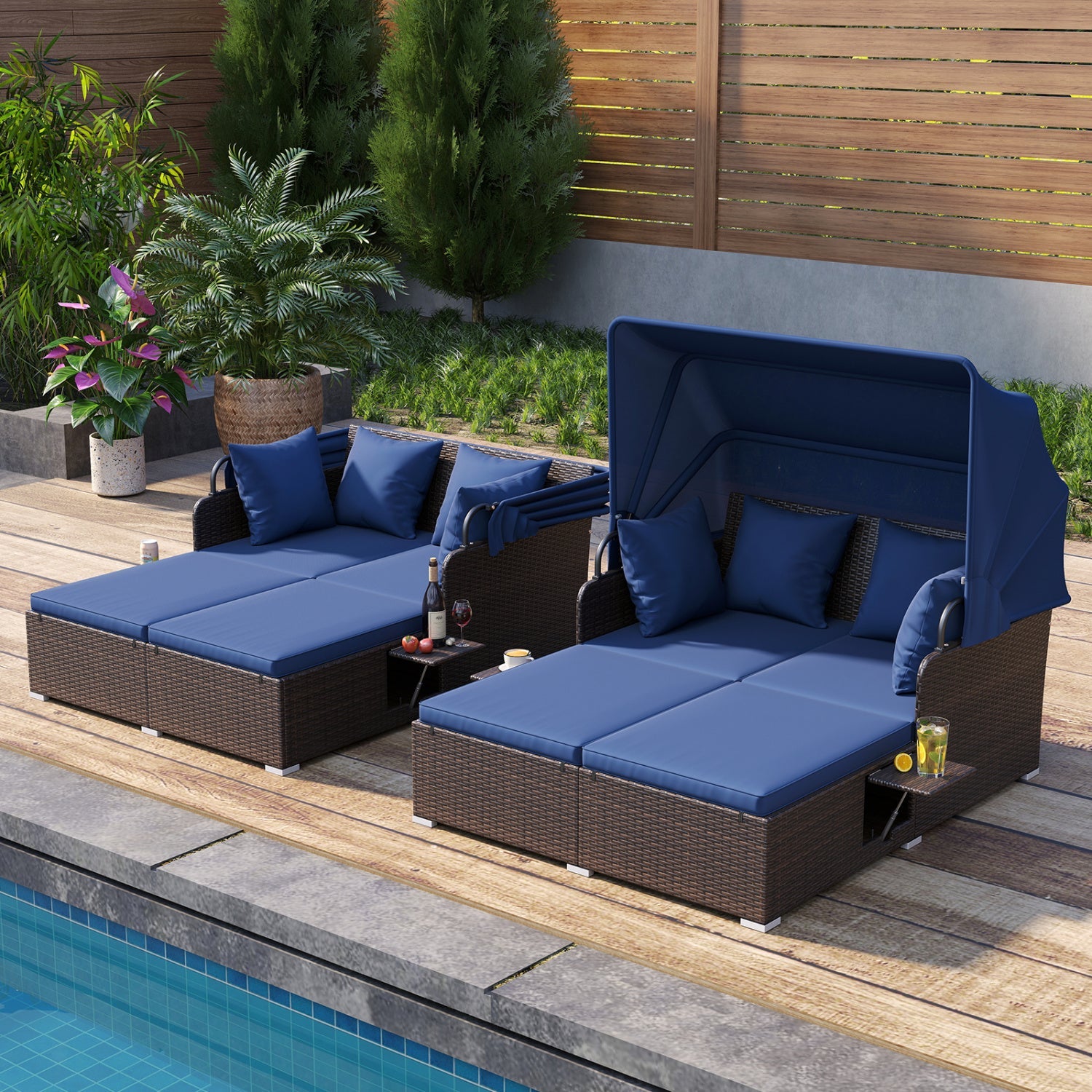 Outdoor Patio Rattan Daybed with Retractable Canopy and Side Tables