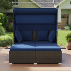Outdoor Patio Rattan Daybed with Retractable Canopy and Side Tables