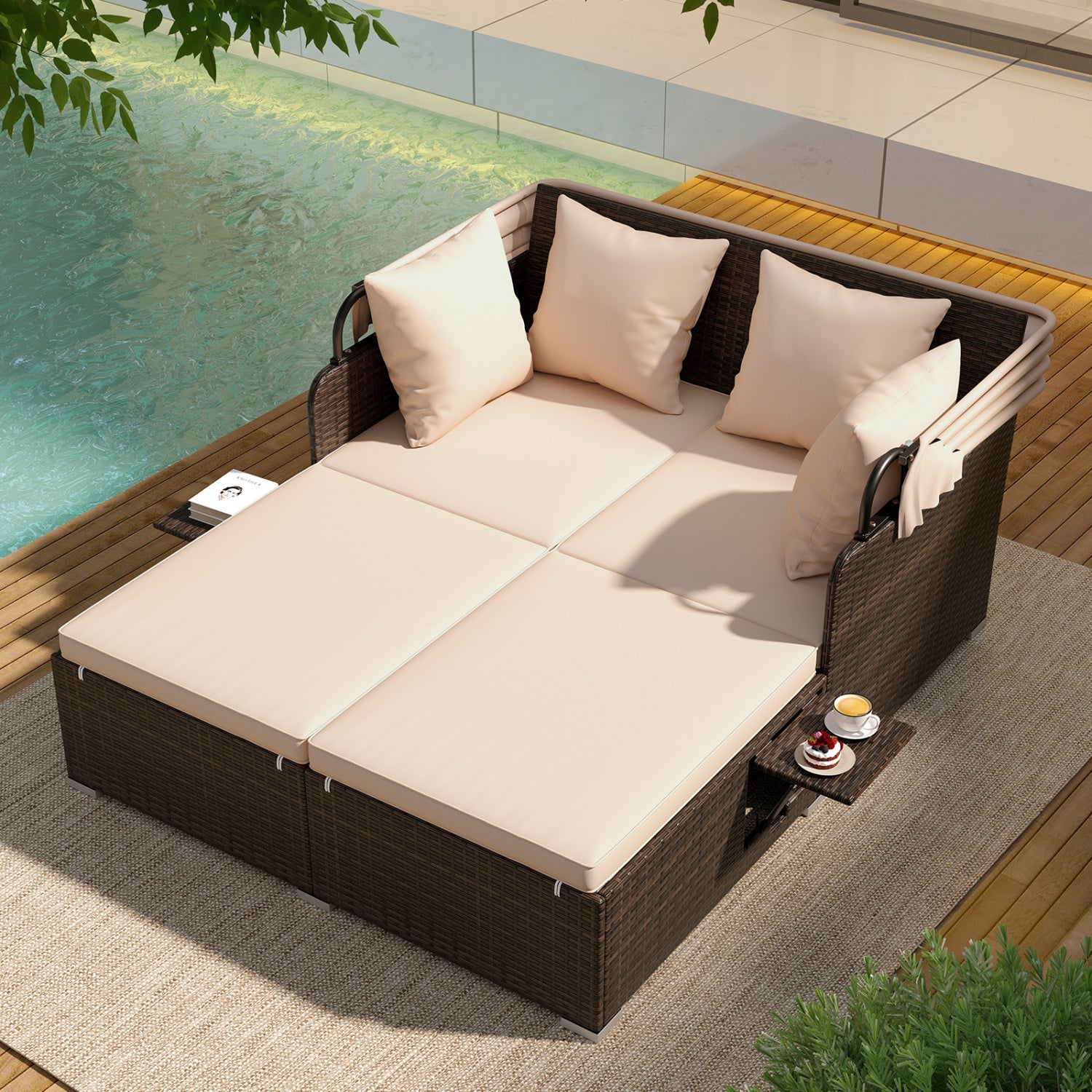 Outdoor Patio Rattan Daybed with Retractable Canopy and Side Tables