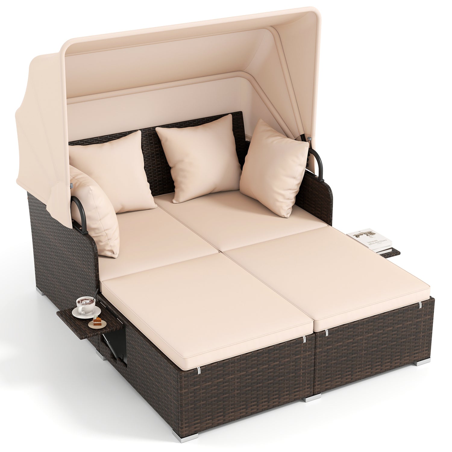 Outdoor Patio Rattan Daybed with Retractable Canopy and Side Tables