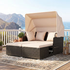 Outdoor Patio Rattan Daybed with Retractable Canopy and Side Tables