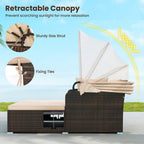 Outdoor Patio Rattan Daybed with Retractable Canopy and Side Tables