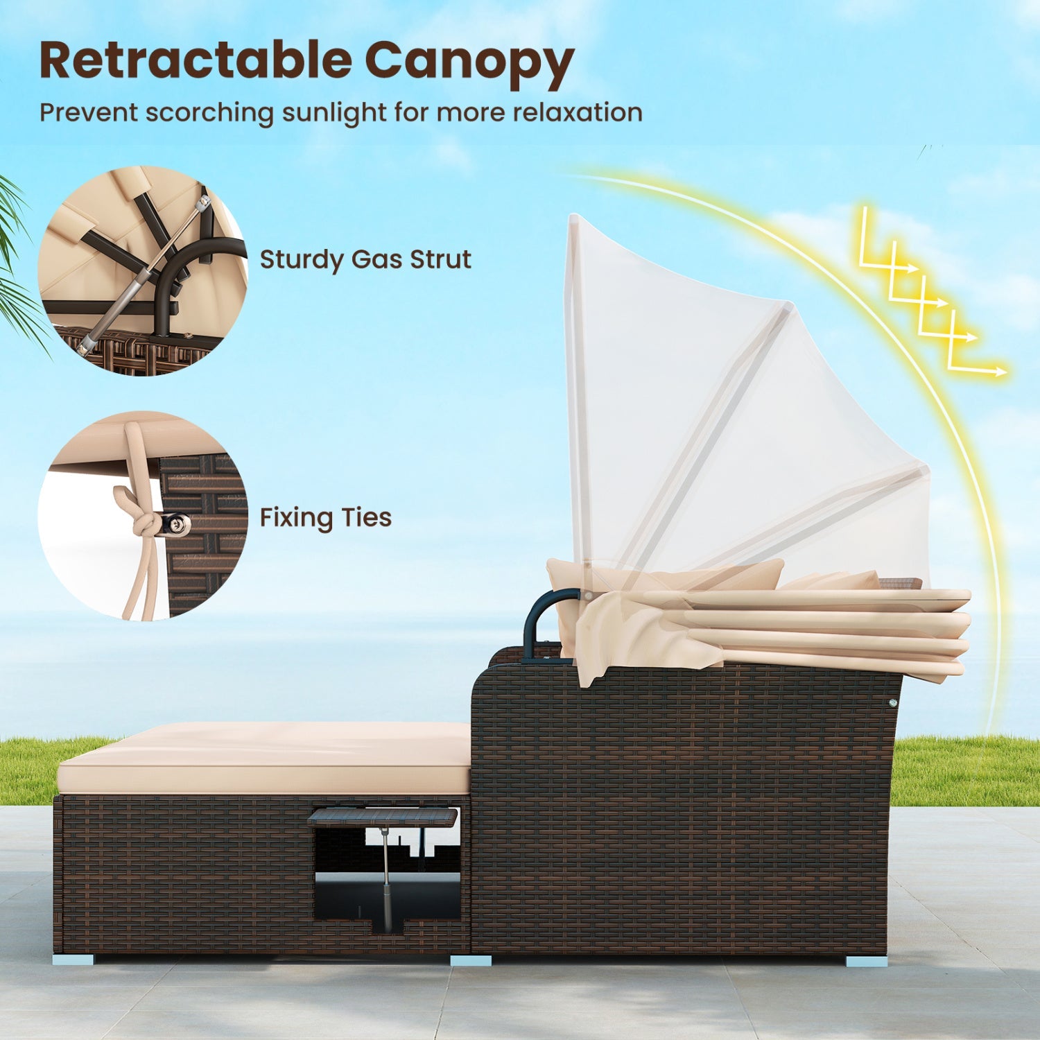 Outdoor Patio Rattan Daybed with Retractable Canopy and Side Tables