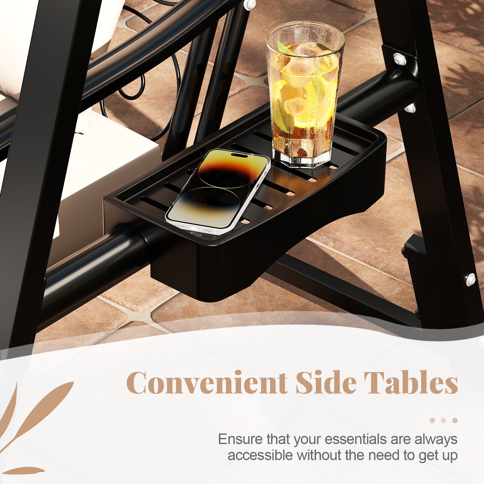 Outdoor Porch Swing with Removable Cushions and Side Tables
