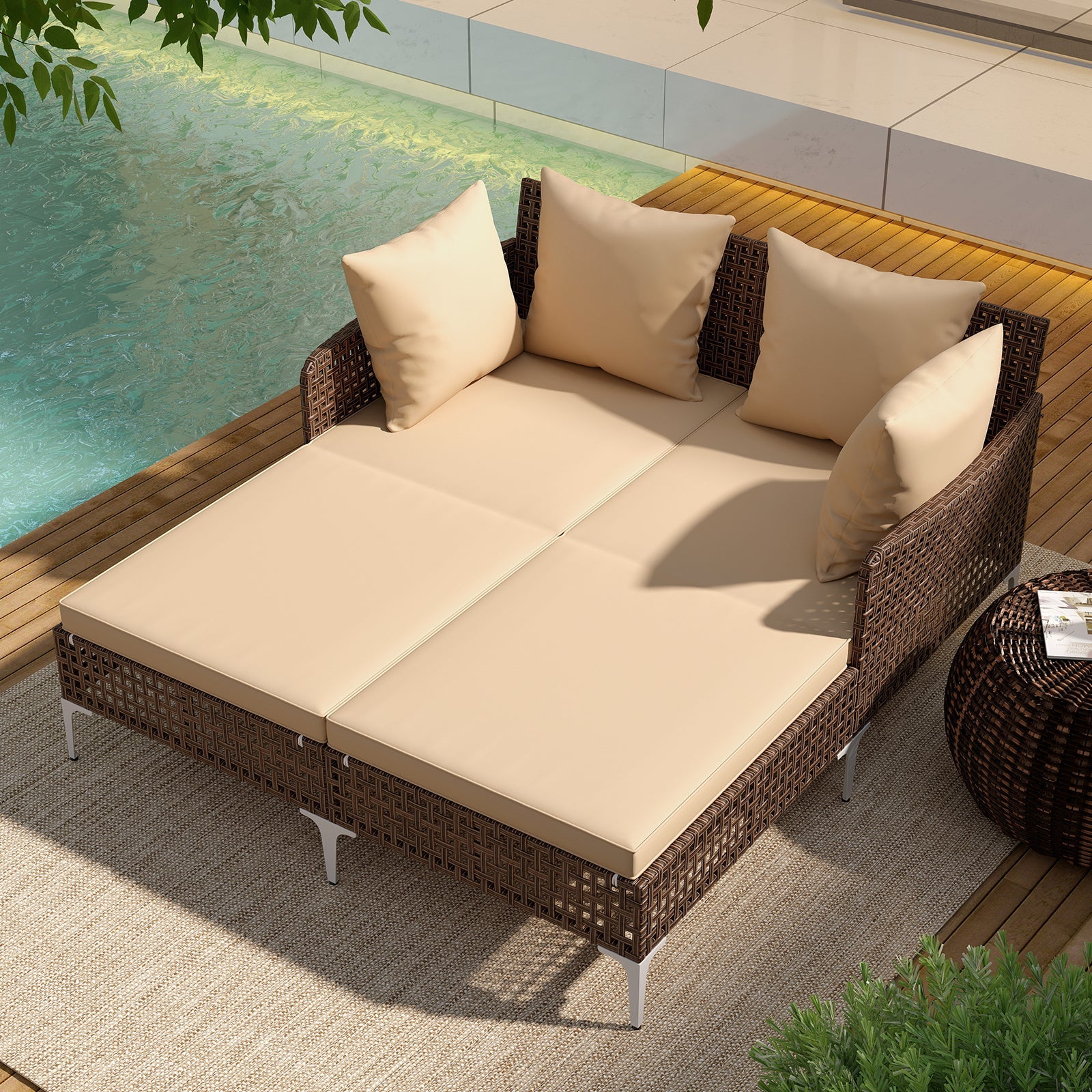Outdoor Rattan Double Daybed Wicker Chaise Lounge