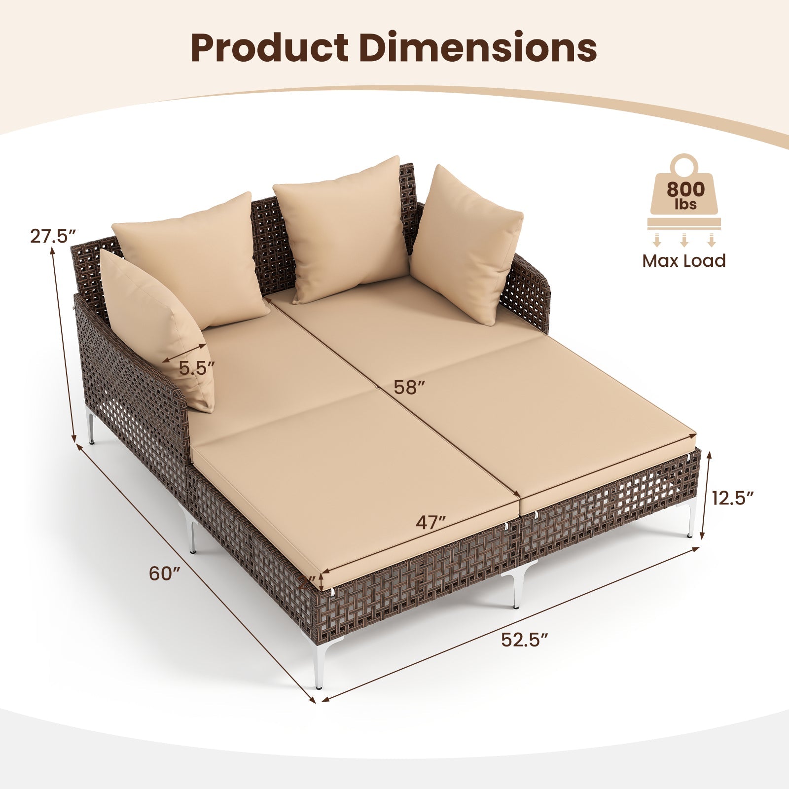 Outdoor Rattan Double Daybed Wicker Chaise Lounge
