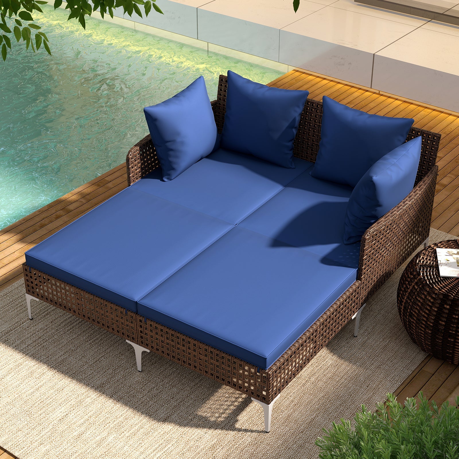 Outdoor Rattan Double Daybed Wicker Chaise Lounge