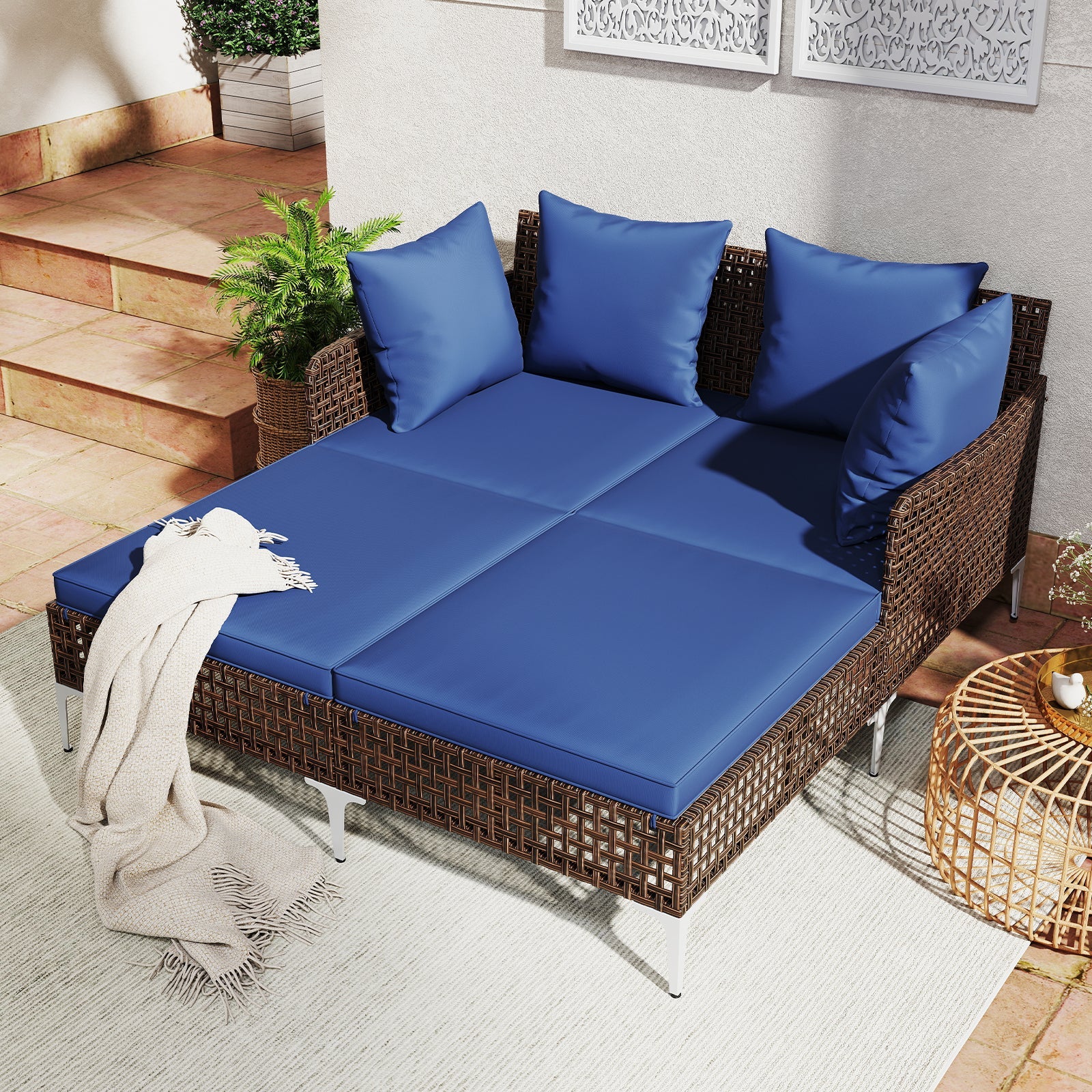 Outdoor Rattan Double Daybed Wicker Chaise Lounge