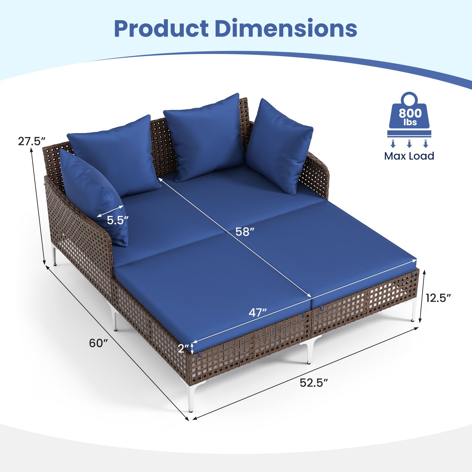Outdoor Rattan Double Daybed Wicker Chaise Lounge