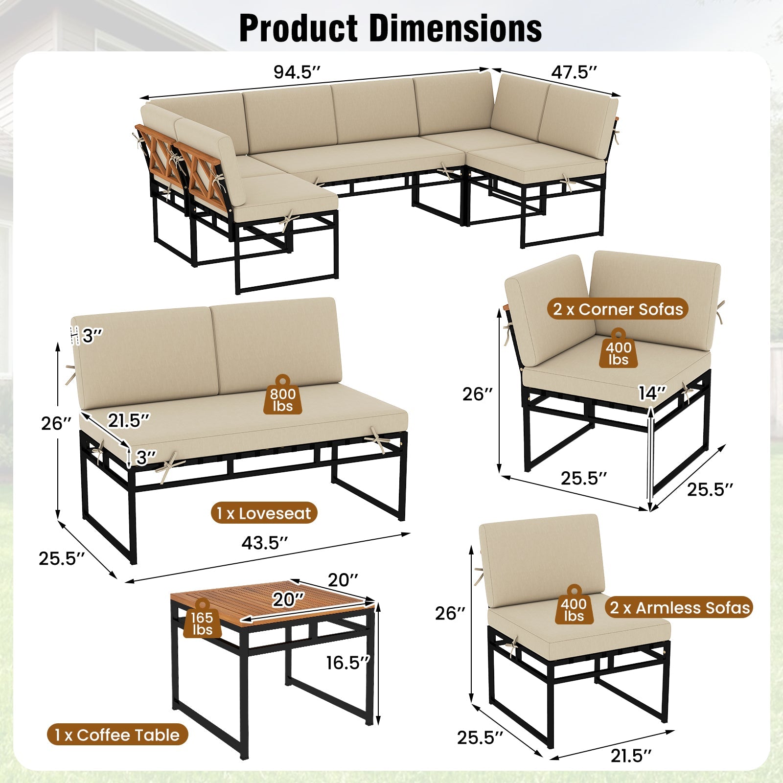 6 Piece Outdoor Sectional Sofa Set - Metal Conversation Set with Cushions