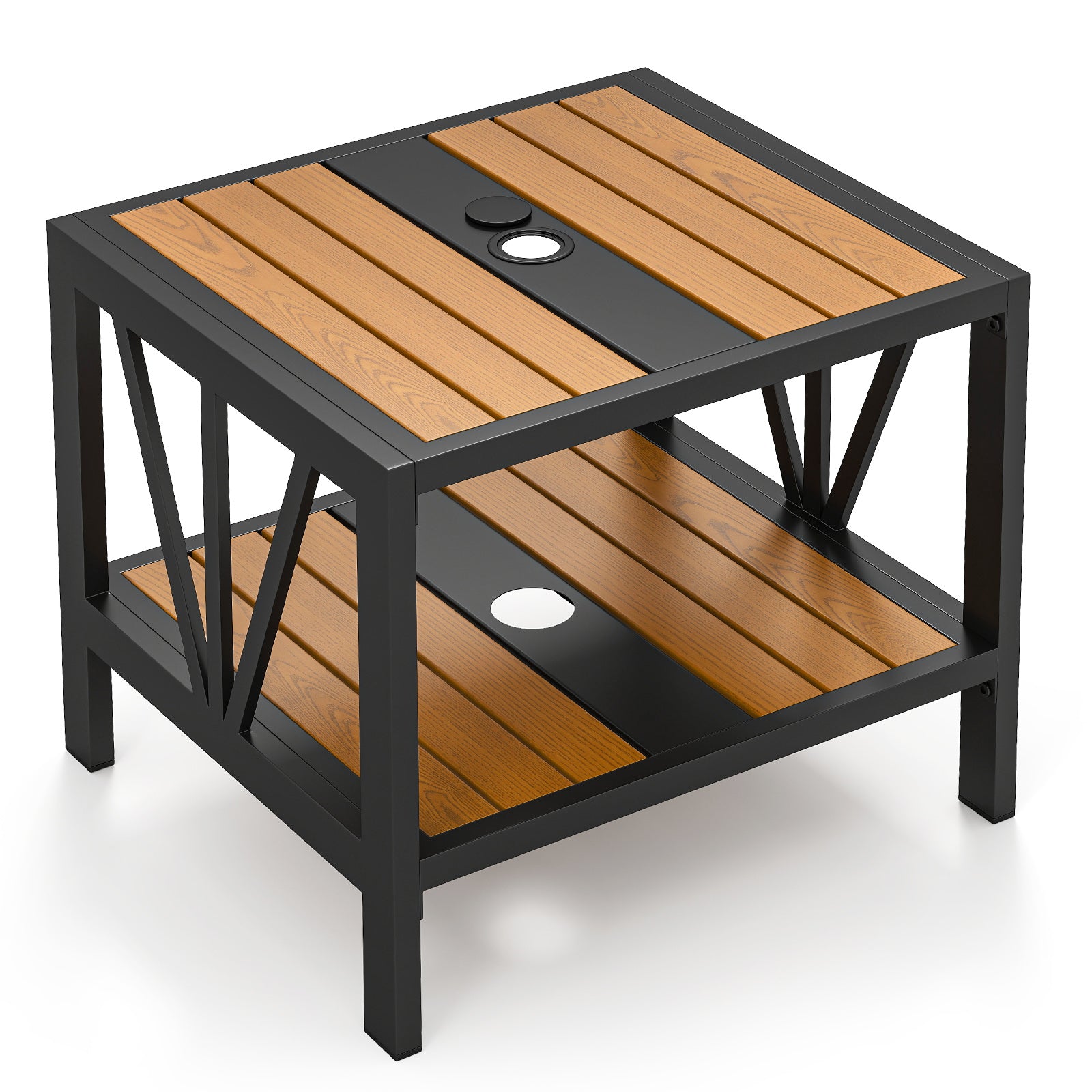 Outdoor Side Table with Umbrella Hole and Storage Shelf
