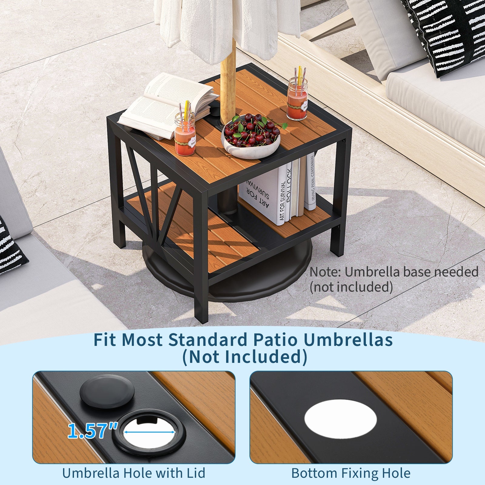Outdoor Side Table with Umbrella Hole and Storage Shelf