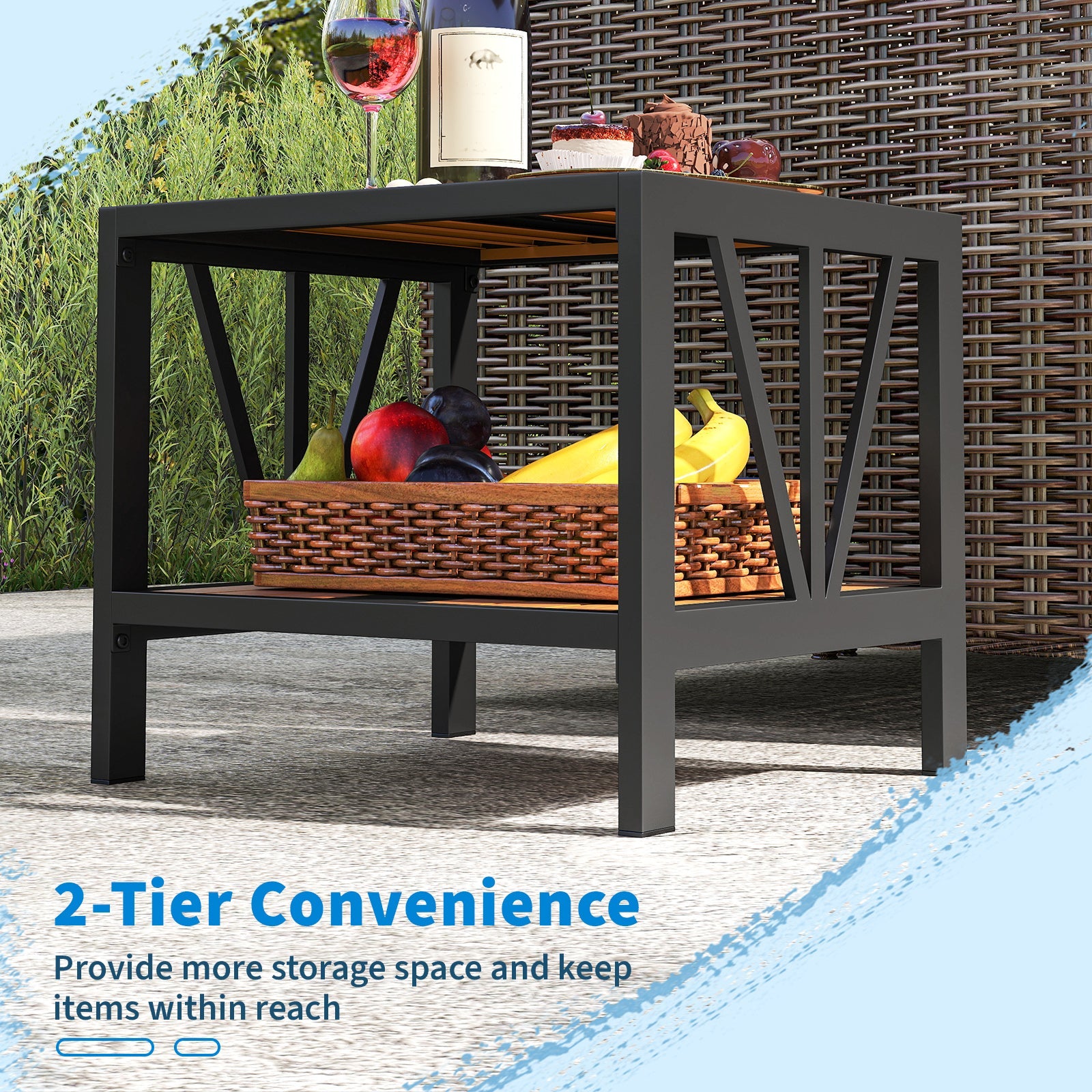 Outdoor Side Table with Umbrella Hole and Storage Shelf