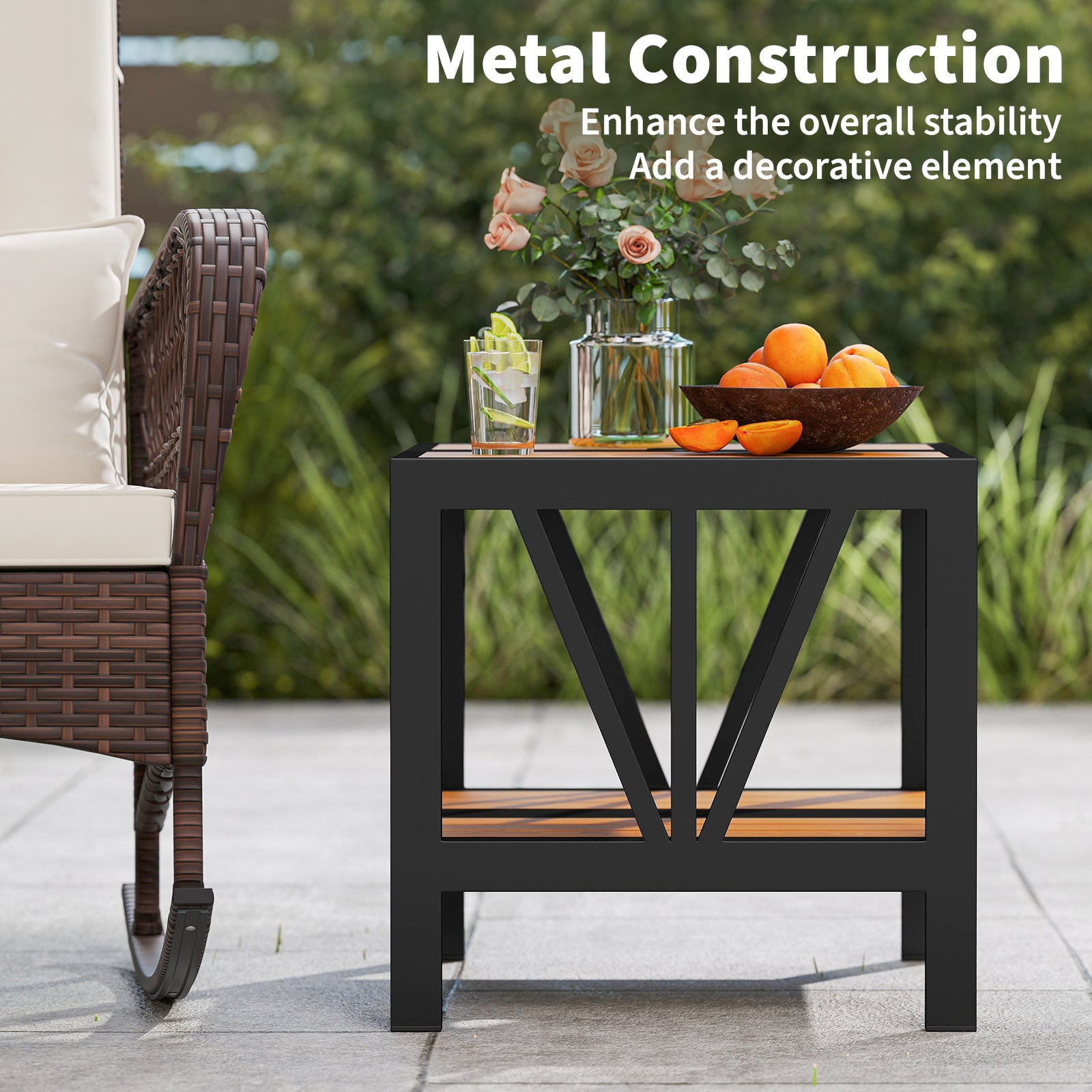 Outdoor Side Table with Umbrella Hole and Storage Shelf