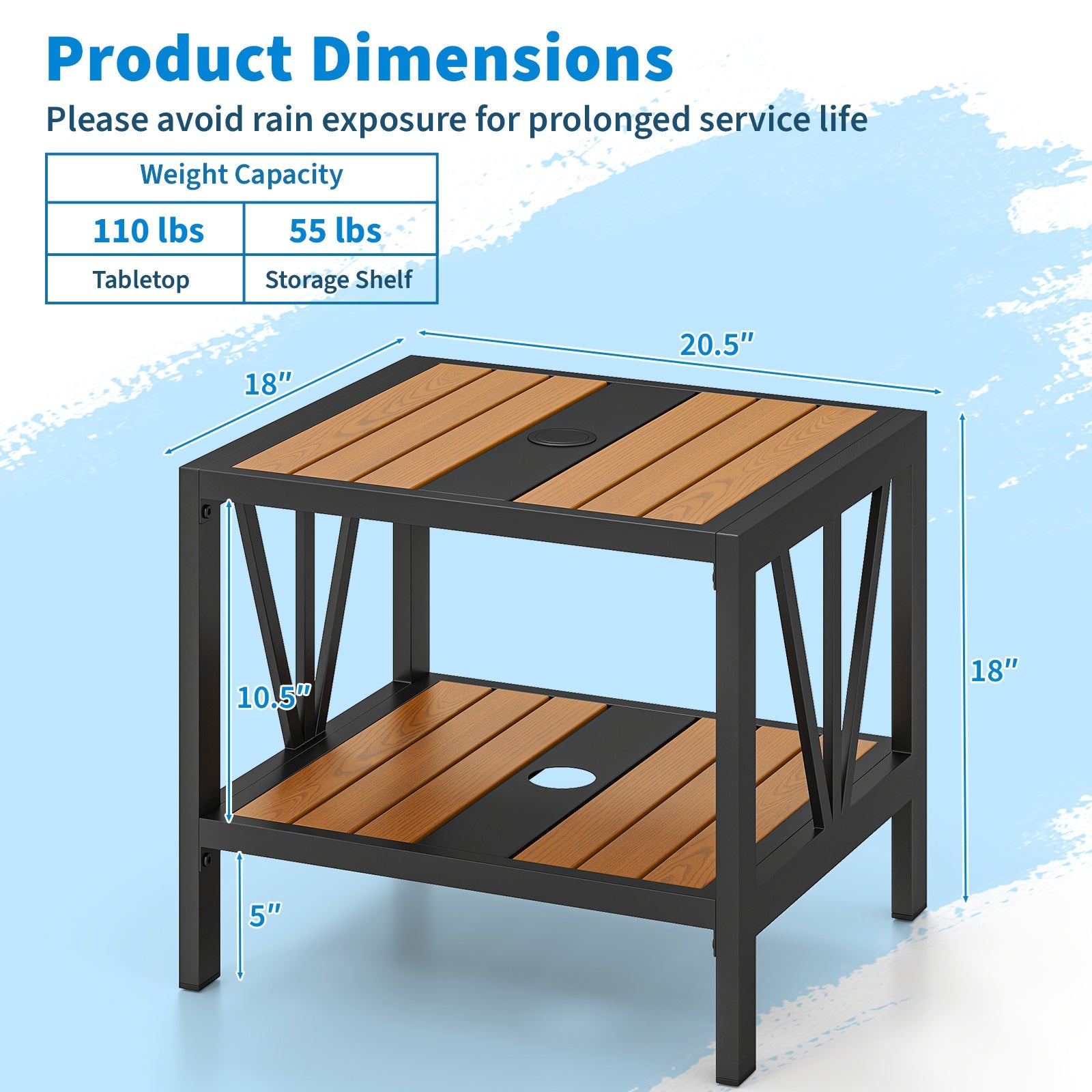 Outdoor Side Table with Umbrella Hole and Storage Shelf