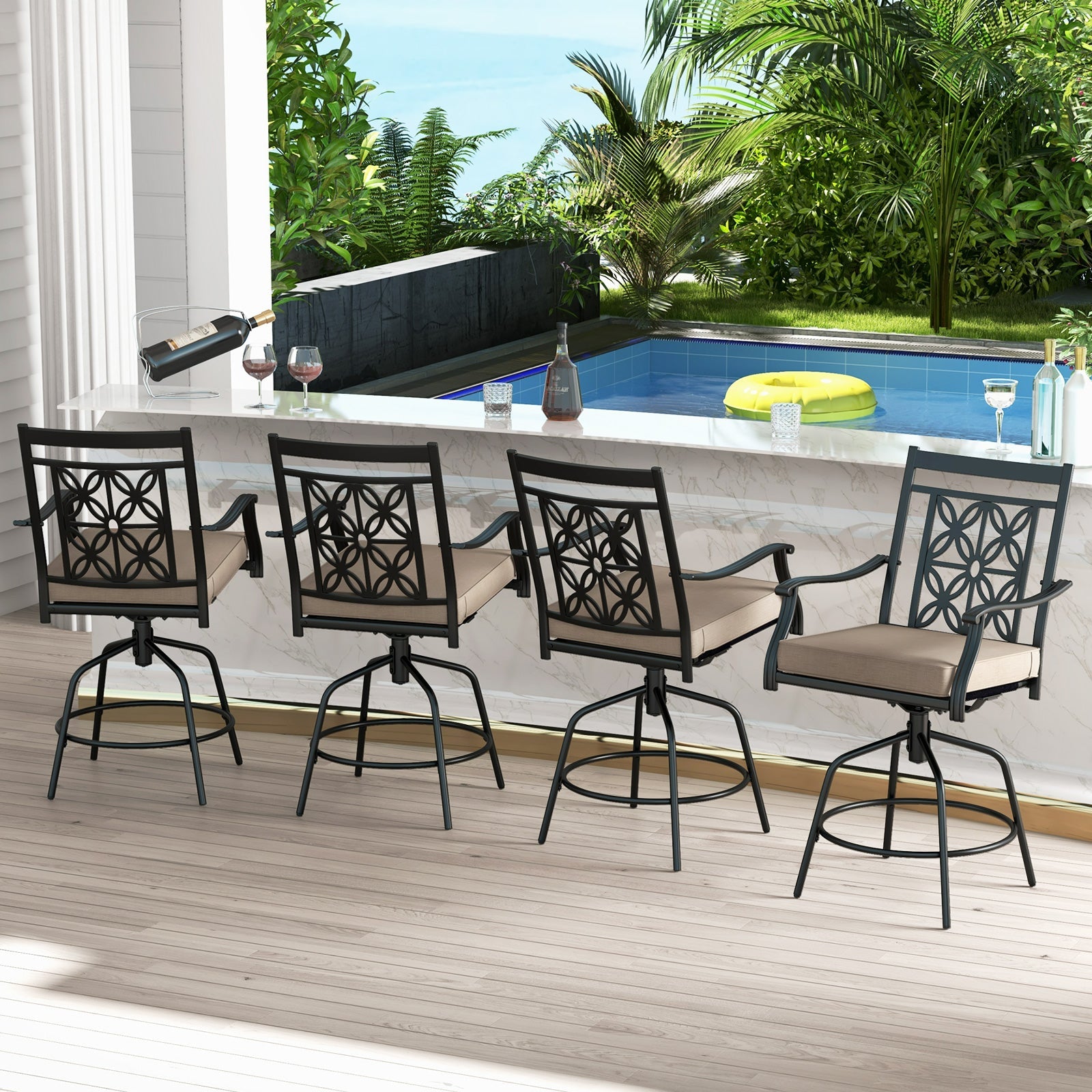 Outdoor Swivel Bar Stools Set of 2 with Seat Cushions