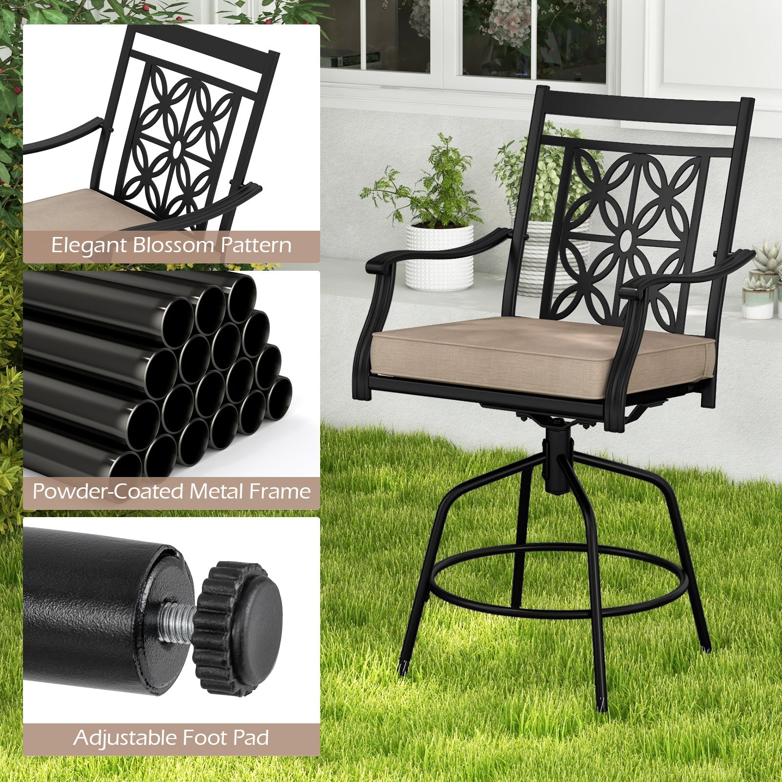 Outdoor Swivel Bar Stools Set of 2 with Seat Cushions