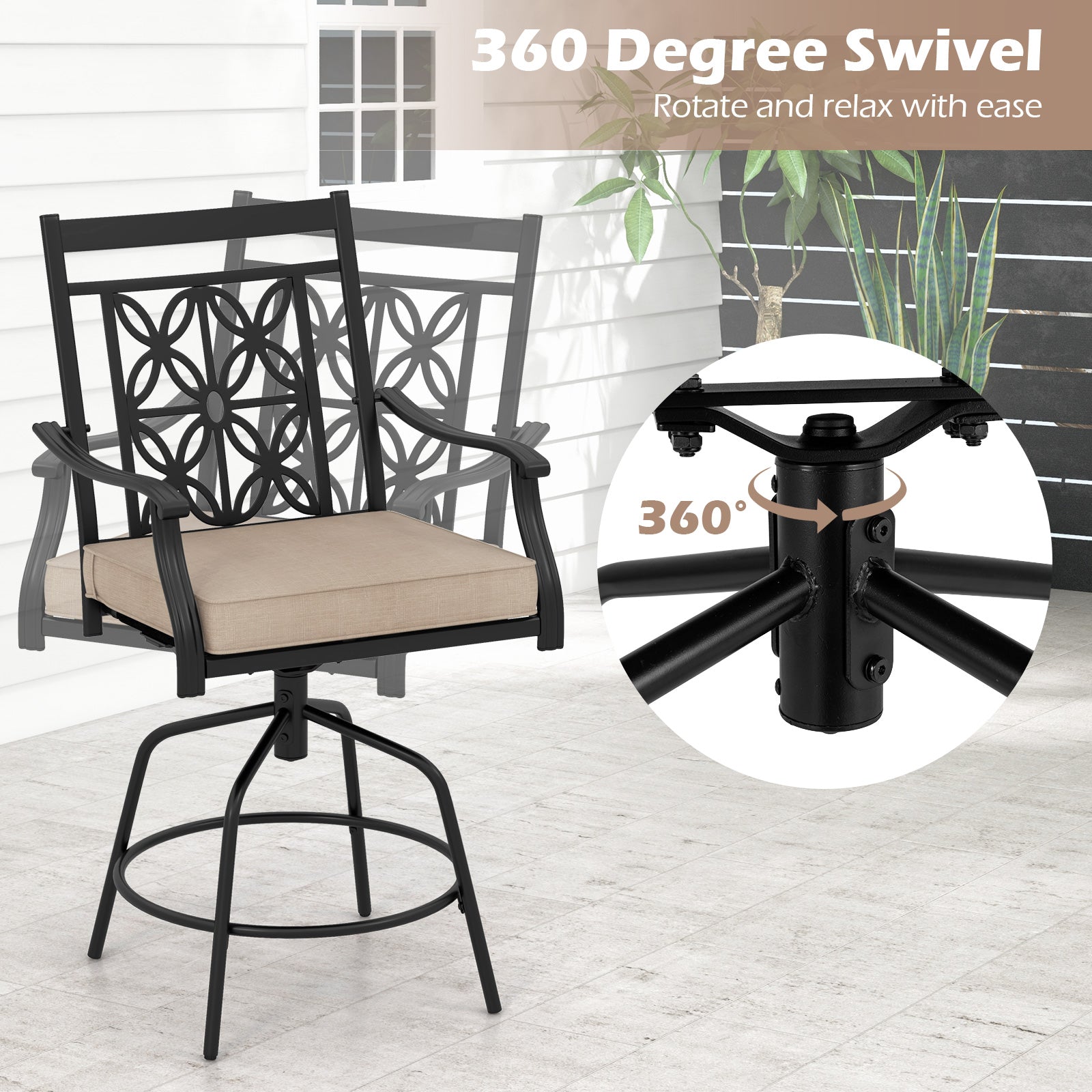 Outdoor Swivel Bar Stools Set of 2 with Seat Cushions