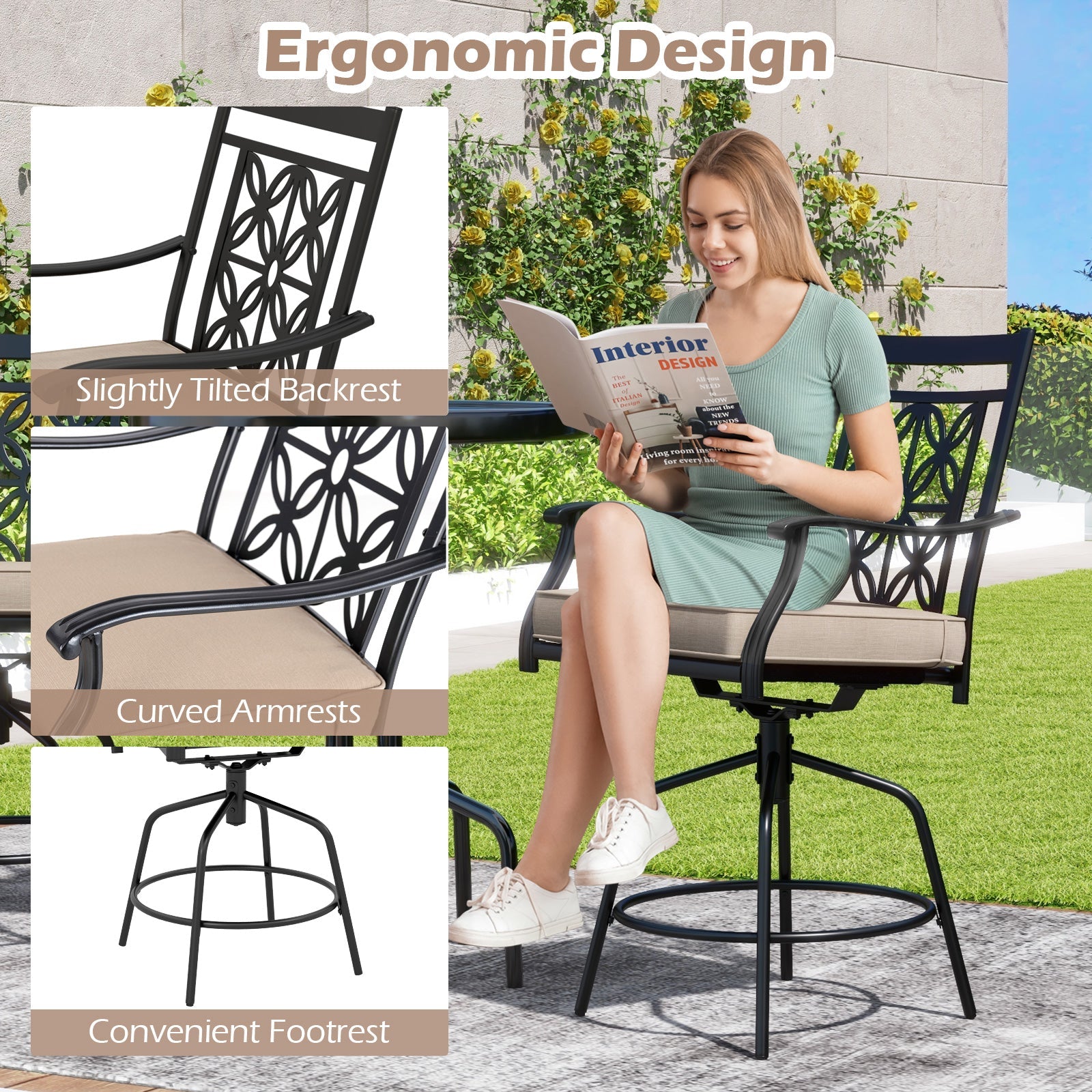 Outdoor Swivel Bar Stools Set of 2 with Seat Cushions
