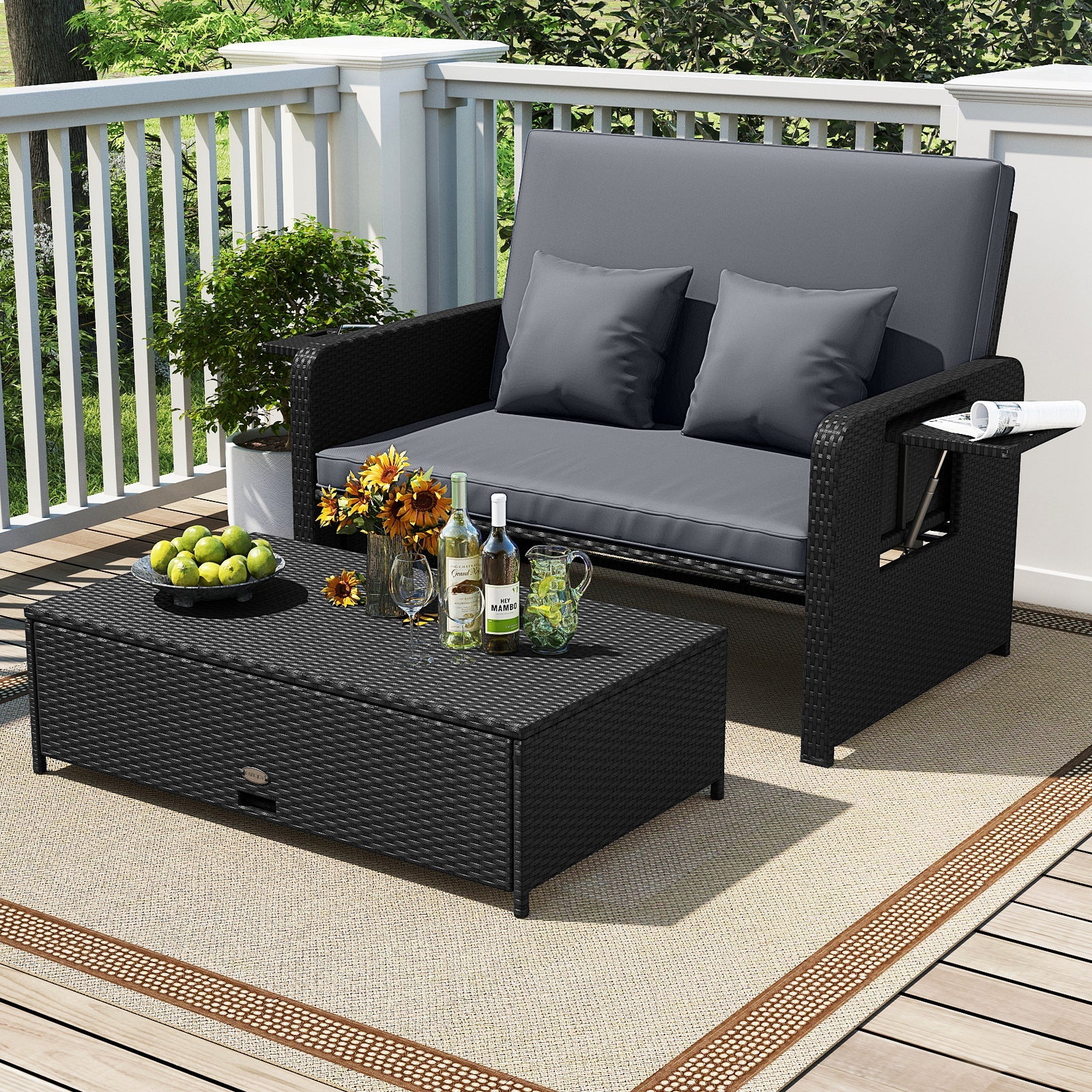 Wicker Outdoor Daybed with 4-Level Adjustable Backrest and Storage Ottoman