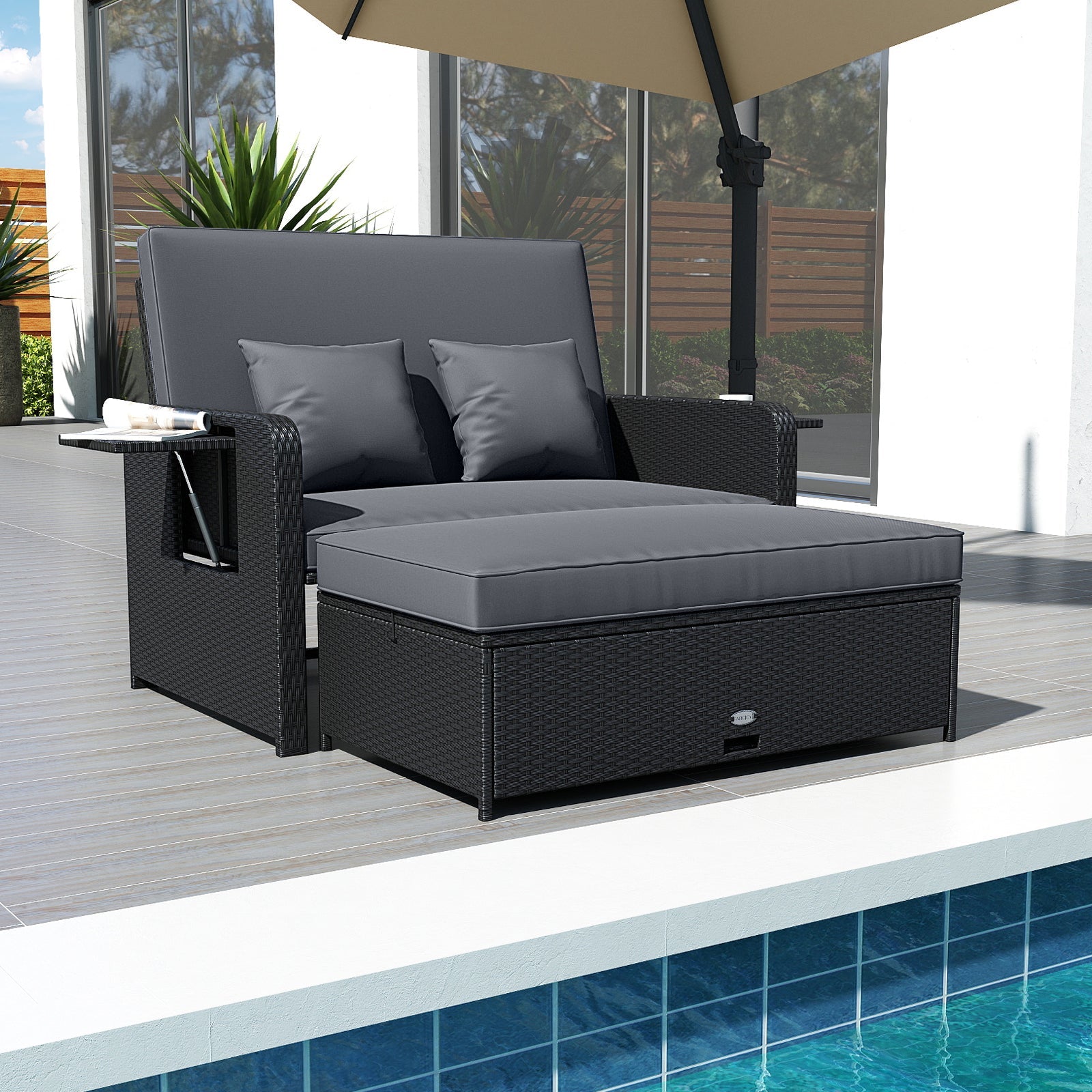 Wicker Outdoor Daybed with 4-Level Adjustable Backrest and Storage Ottoman