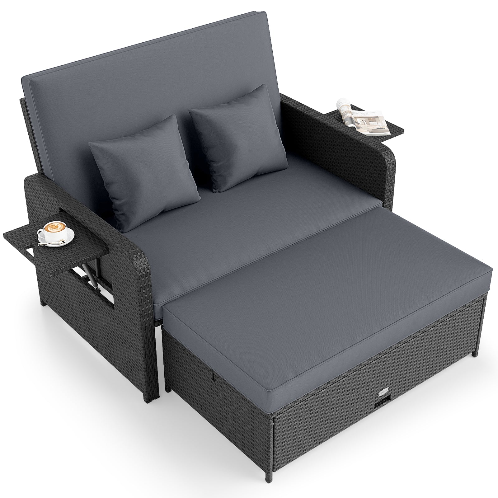 Wicker Outdoor Daybed with 4-Level Adjustable Backrest and Storage Ottoman