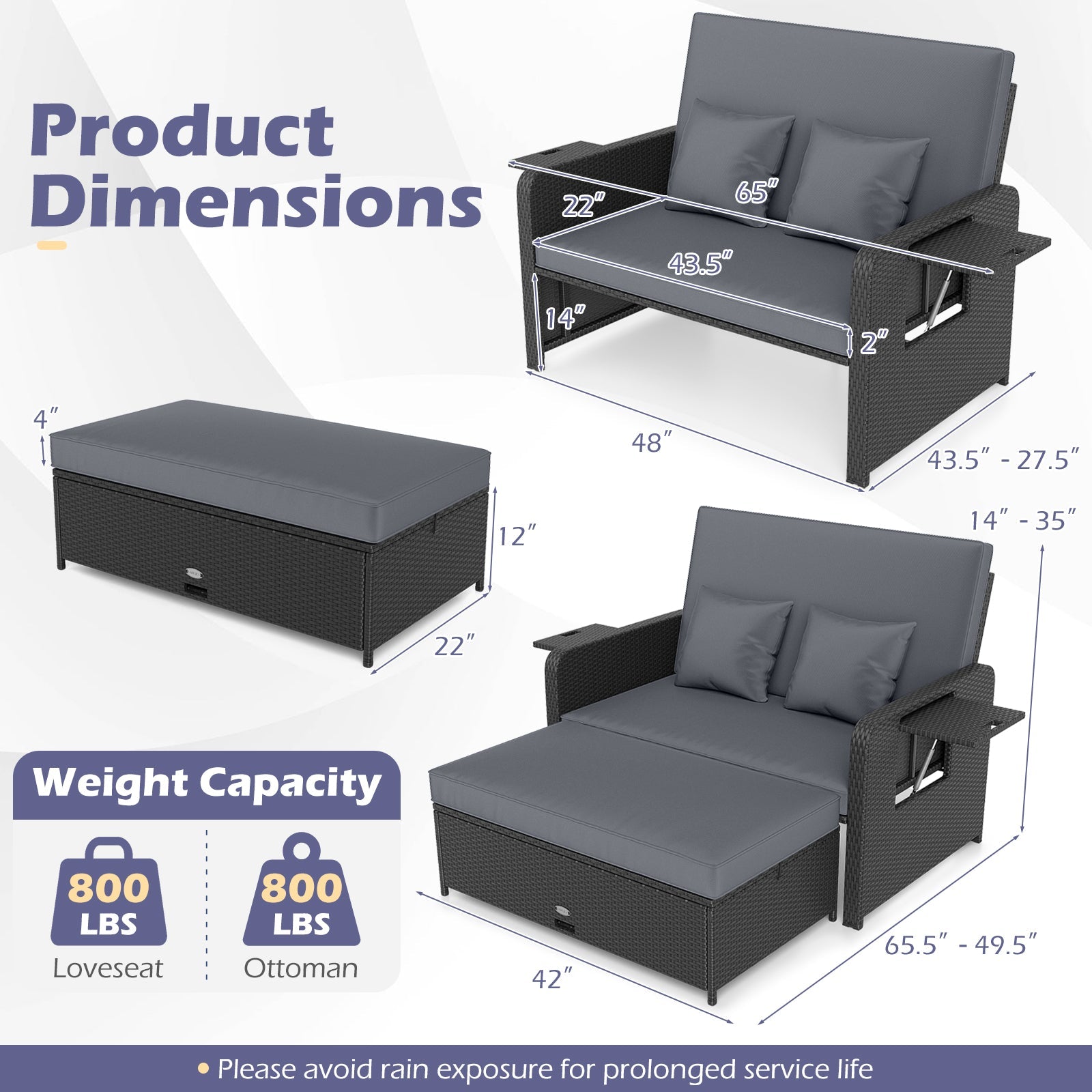Wicker Outdoor Daybed with 4-Level Adjustable Backrest and Storage Ottoman