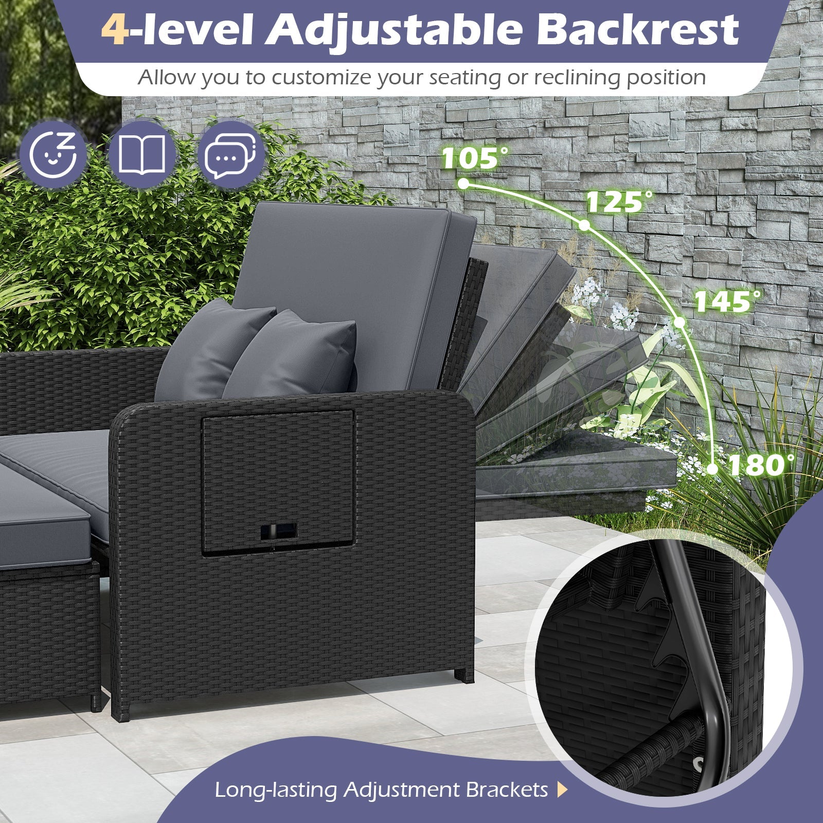 Wicker Outdoor Daybed with 4-Level Adjustable Backrest and Storage Ottoman