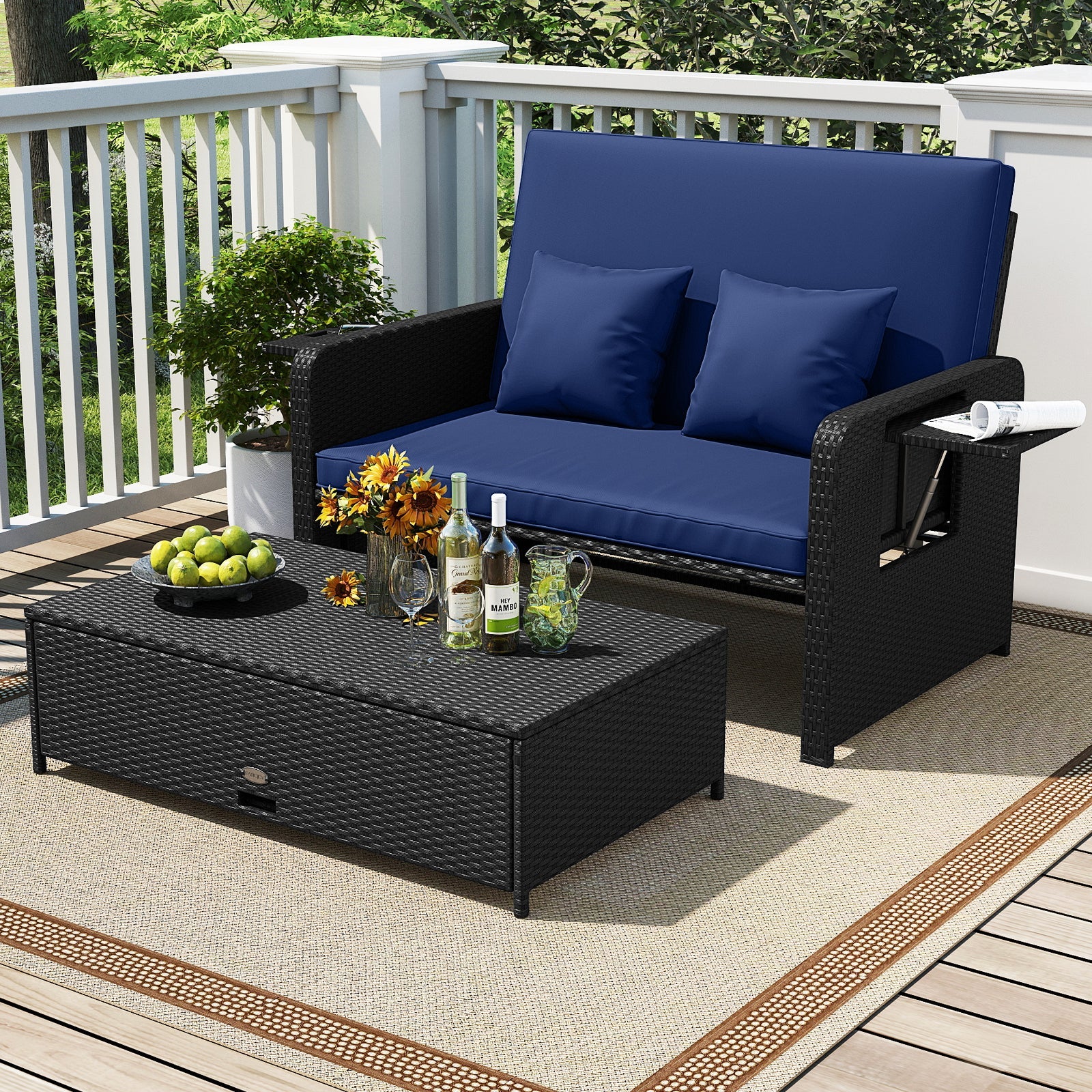Wicker Outdoor Daybed with 4-Level Adjustable Backrest and Storage Ottoman